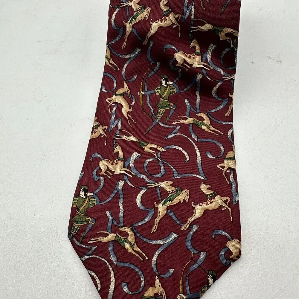 Salvatore Ferragamo Tie Silk Burgundy Animals & Deer Hunters,‎ Dogs , Italy